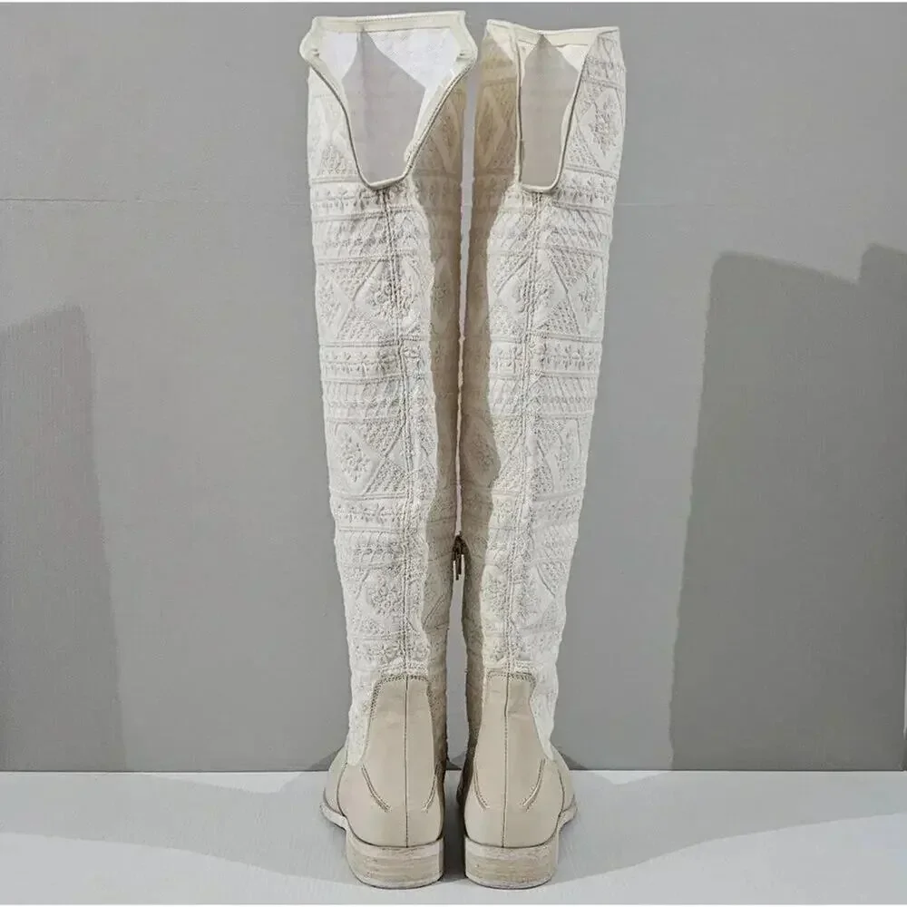 Free People Bren Knee High Boot Women EU 38.5 Cream Embroidered Boho Slouchy NEW